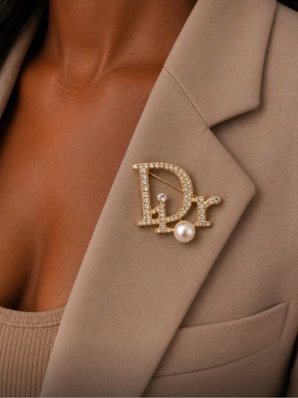 Dior Gold Crystal Logo Brooch with Pearl Accent